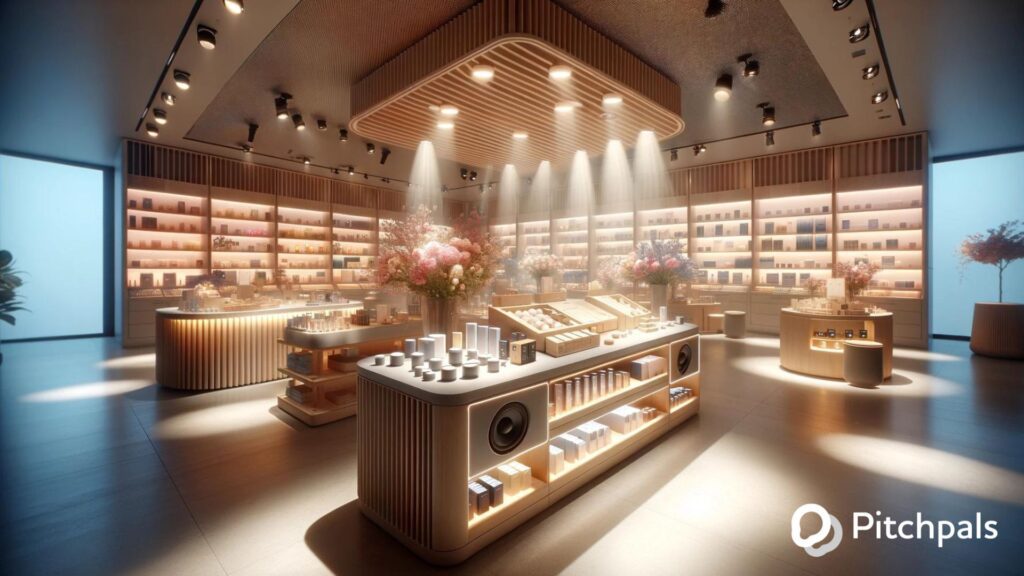 Intérieur d'un magasin avec éclairage chaleureux, musique ambiante et diffusion de parfums, conçu pour stimuler les sens et améliorer l'expérience d'achat.